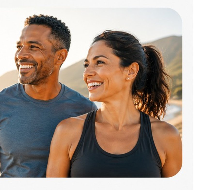 A smiling couple enjoying a walk on the beach