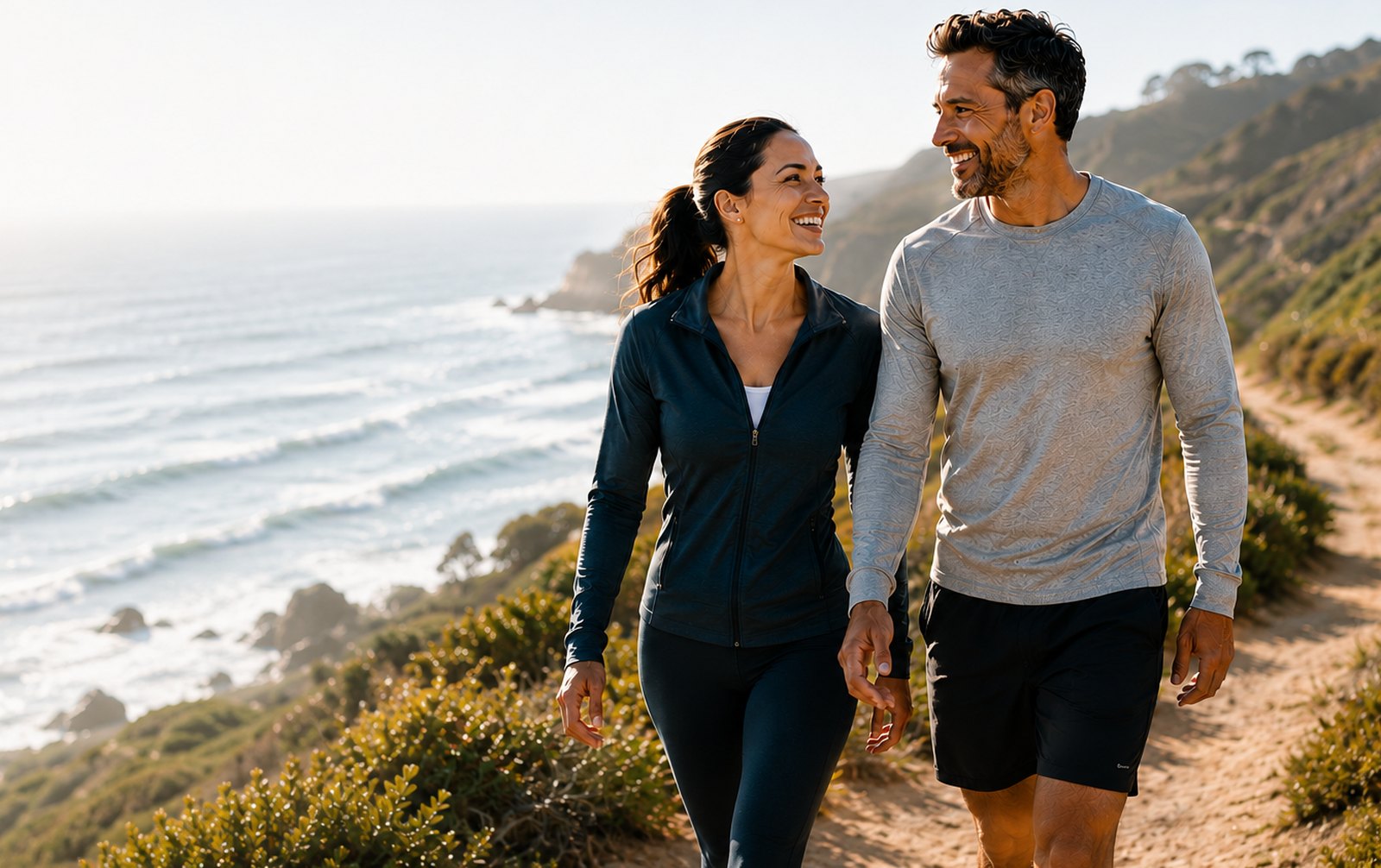 A couple walking together on a coastal trail at sunrise