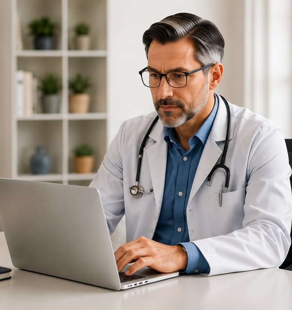 Provider reviewing patient information on a laptop